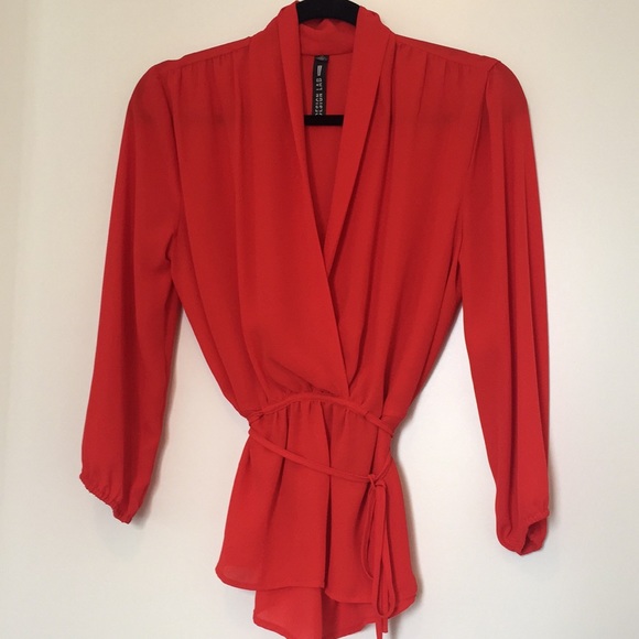 Red blouse with adjustable tie for cinched waist - Picture 1 of 4